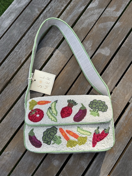 Sol And Mer Handbags - Beaded Vegetable Shoulder Bag - Cream with Multi Colored Veggie Motif